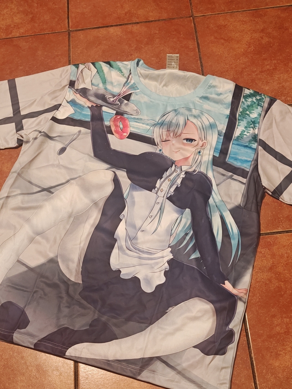 Anime Maid Graphic Tee - Light Blue & Black Mens Shirt